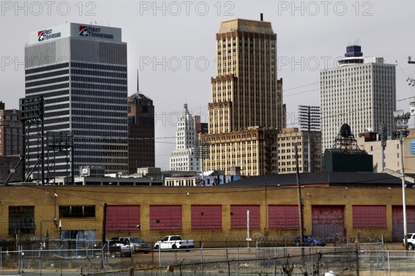 Urban panorama with tall buildings and a distinctive brick building, Memphis, Tennessee, USA