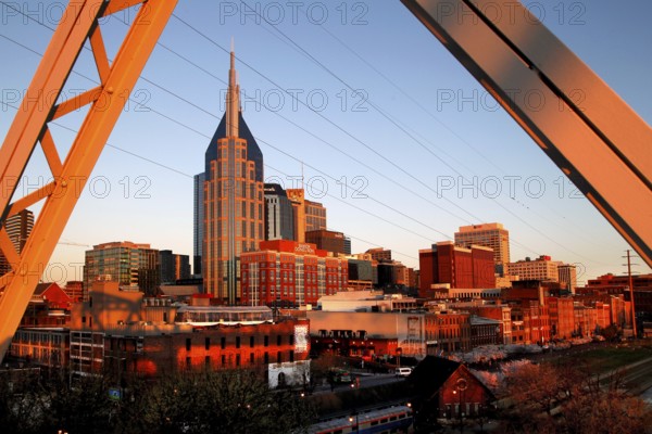 Nashville skyline at sunset with distinctive skyscrapers, Nashville, Tennessee, USA
