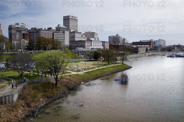 View of Memphis riverfront with city skyline in background, Memphis, Mississippi, USA