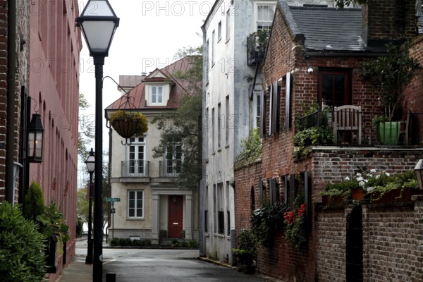 Idyllic narrow alley with historic buildings and vegetation in Charleston, Charleston, South Carolina, USA