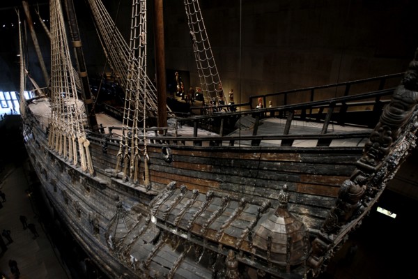 View of the detailed construction of the royal flagship Vasa in the Vasa Museum, Stockholm, Djurgården, Sweden