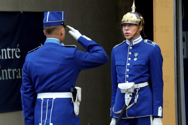 Changing of the guard at the Royal Palace in Stockholm with soldiers in uniform, Stockholm, Stockholm, Sweden