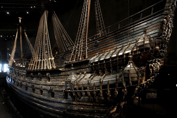 The royal flagship Vasa with its imposing masts in the Vasa Museum, Stockholm, Djurgården, Sweden