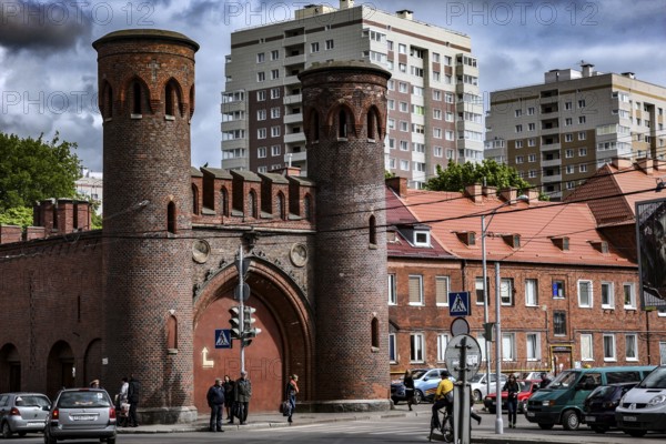 Historic district with Sackheim Gate and modern buildings in the background, Kaliningrad, Kaliningrad, Russia