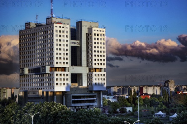 Modern high-rise building against dramatic cloudy sky, Kaliningrad, Russia