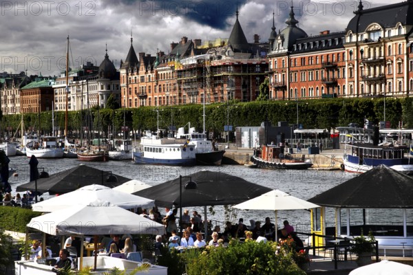 Lively waterfront area on Strandvägen with boats, cafés and impressive architecture, Stockholm, Östermalm, Sweden