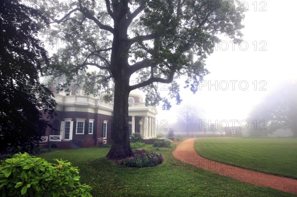 Jefferson's house and flower garden in a foggy, peaceful atmosphere, Charlottesville, Virginia, USA