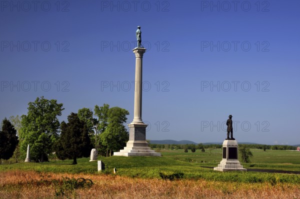 Several monuments stand in an open area of Gettysburg National Military Park, Gettysburg, Pennsylvania, USA