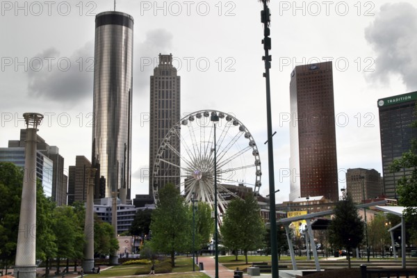 Downtown Atlanta skyline with SkyView Ferris wheel and surrounding skyscrapers, Atlanta, Georgia, USA