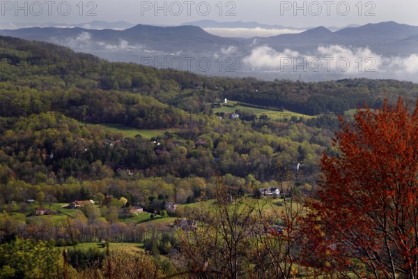 Autumn mountain landscape with forests and fog along the Blue Ridge Parkway, zero