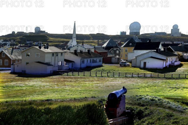 View of the city with churches and radar systems from Vardø Fortress, Finnmark, Norway