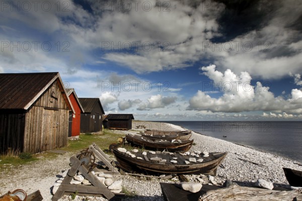 Traditional fishing sheds on Helgumannen beach, Helgumannen, Fårö, Sweden