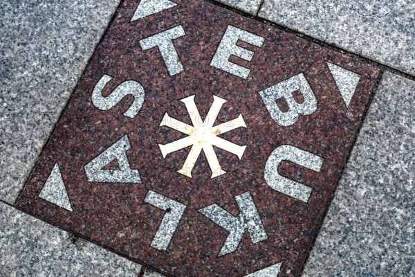 Stebuklas miracle tile in Vilnius Cathedral Square surrounded by paving stones, Vilnius, Vilnius County, Lithuania
