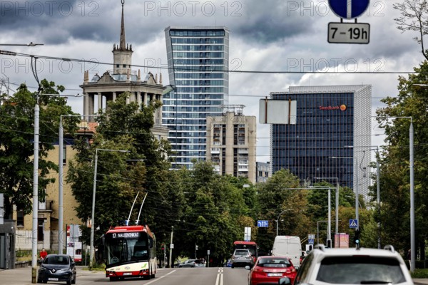 View of Vilnius financial and business center with modern buildings and transport, Vilnius, Vilnius County, Lithuania