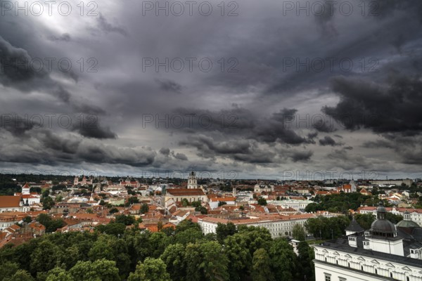 Dramatic sky over Old Vilnius with view from Gediminas Hill, Vilnius, Lithuania