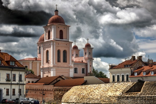 View of the Russian Orthodox Holy Spirit Church with dramatic clouds from Bastion, Vilnius, Lithuania