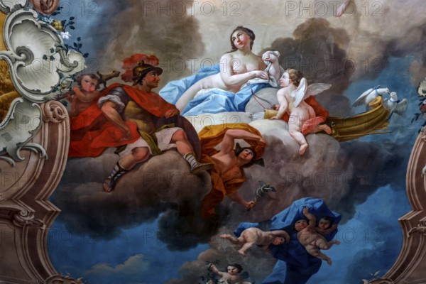 Detail of a baroque ceiling painting with mythological figures and angels, Rundale, Latvia