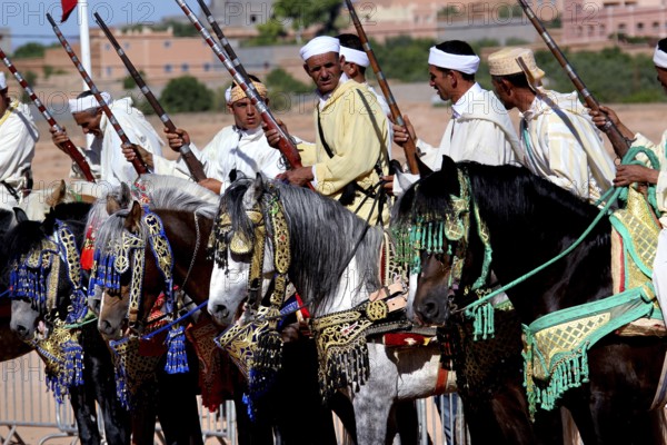 Rider on horseback, magnificently decorated with traditional accessories, parading in the arid countryside, El Kelâa m'Gouna, Morocco
