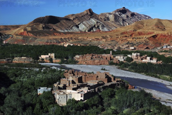 Panorama of Valley of Roses with traditional architecture and green landscape, El Kelâa m'Gouna, Morocco