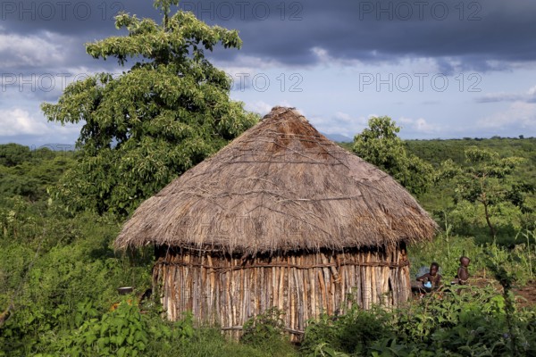 Traditional round hut with grass roof in a Morsi village, Mago National Park, null, Ethiopia