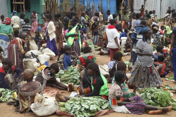 Lively market with people wearing traditional clothes, Key Afar, Ethiopia