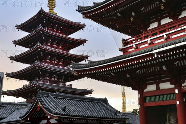 Five-story pagoda of Senso-ji Temple in Tokyo at dusk, Tokyo, Japan