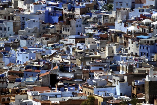 Extensive panorama of Chefchaouen with white buildings and blue accents, Chefchaouen, Tanger-Tetouan, Morocco
