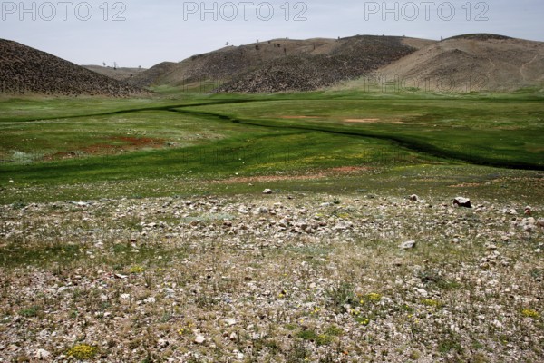 Green and brown fields under the hills of Col Ouzad, Col Ouzad, Béni Mellal-Khénifra region, Morocco
