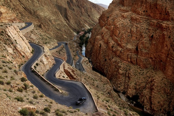 Serpentine road snakes spectacularly through the rocky Dadès Gorge, Dadès, region, MA