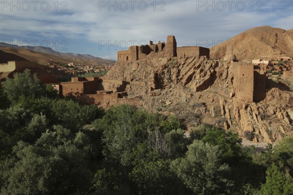 Historic rock structures in Dadès Canyon surrounded by green trees, Dadès Gorge, Morocco