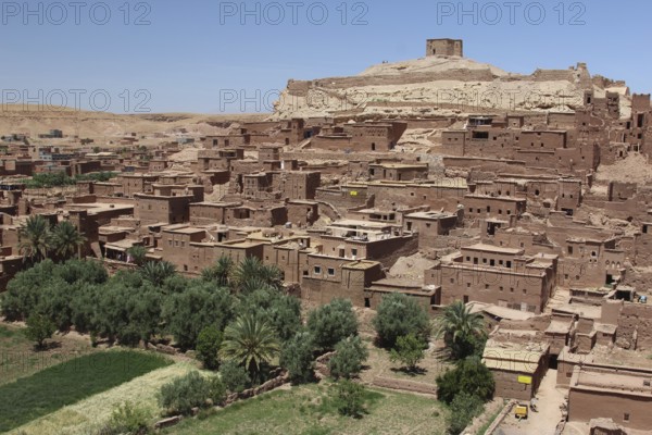 Panoramic view of the fortified clay settlement of Ait Benhaddou, Ait Benhaddou, Ouarzazate, Morocco