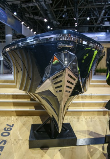 Press photo of bow of luxurious sports boat Frauscher x Porsche 790 Spectre at Messe boot 2026, Messe boot, Düsseldorf, North Rhine-Westphalia, Germany