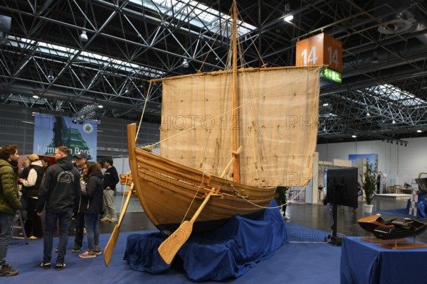 Press photo Replica of an ancient historic Roman merchant ship Bissula by the University of Trier on a scale of 1:3 at in Messe Boot, Düsseldorf, North Rhine-Westphalia, Germany