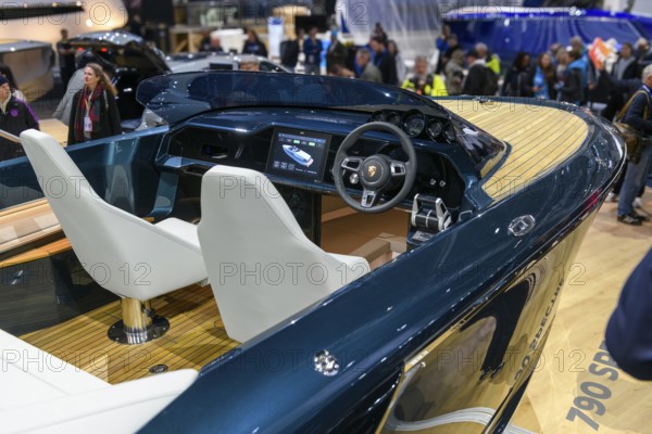 Press photo View of the driver's cab of luxurious Frauscher x Porsche 790 Spectre sports boat with digital cockpit and steering wheel such as Porsche sports car at Messe boot 2026, Messe boot, Düsseldorf, North Rhine-Westphalia, Germany