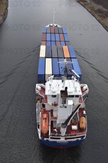 Aerial view, container ship AGUIMES in the Kiel Canal, NOK, Kiel Canal, Kielcanal, Schleswig-Holstein, Germany