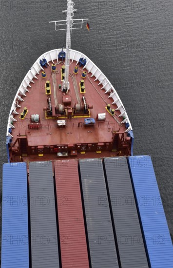 Aerial view, drone view of a container ship in the Kiel Canal, NOK, Kiel Canal, Kiel Canal, Schleswig-Holstein, Germany