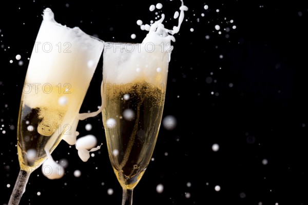 Two champagne glasses with sparkling and sparkling drink against a dark background