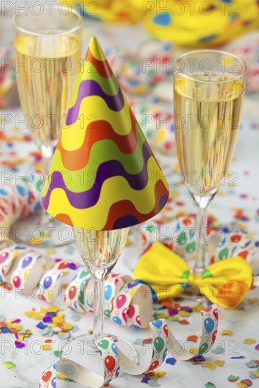 Three champagne glasses, one decorated with a colorful party hat, surrounded by cheerful confetti and streamers, carnival
