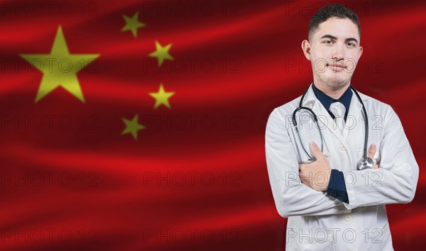 Portrait of medical professional on China flag background. Chinese national health system