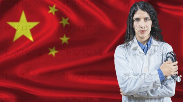 Chinese national health system, Medical professional on China flag background
