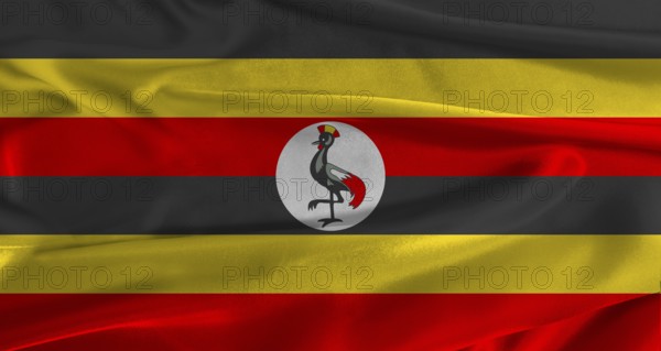 Flag of Uganda with fabric textured background. Close up of National flag of Uganda with realistic texture