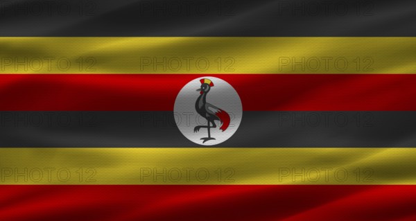 Ugandan flag with fabric texture. Realistic flag of Uganda waving