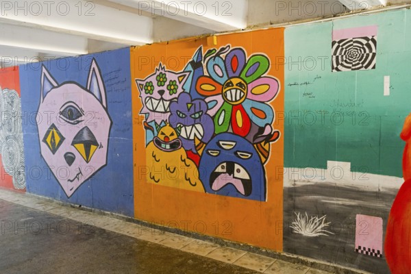 Colourful graffiti full of pop cultural elements and creative, surreal representations, underground graffiti, Gori, Inner Kartli region, Georgia