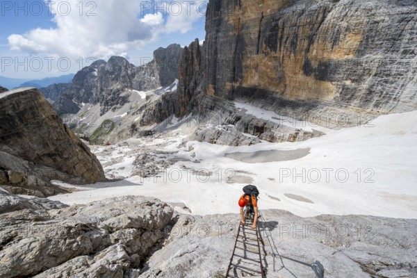 Mountaineer climbs on a ladder in the Via Ferrata Brentari via ferrata, spectacular mountain landscape with steep rock faces, remains of the Vedretta d'Ambiez glacier in the back, Brenta Mountains, Brenta-Adamello Nature Park, Trentino, Italy