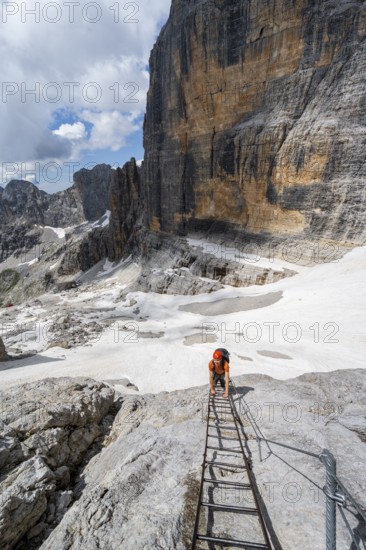 Mountaineer climbs on a ladder in the Via Ferrata Brentari via ferrata, spectacular mountain landscape with steep rock faces, remains of the Vedretta d'Ambiez glacier in the back, Brenta Mountains, Brenta-Adamello Nature Park, Trentino, Italy