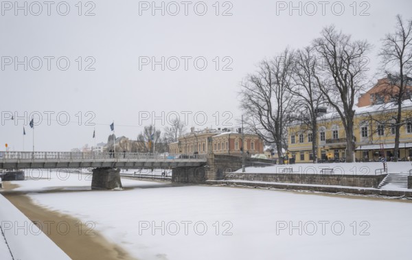 Auransilta bridge crossing the Aurajoki river, winter Turku or Swedish Åbo, Varsinais-Suomi, Finland