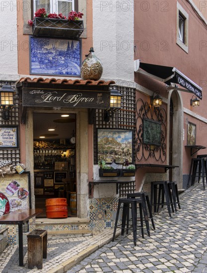 Bars, restaurants and murals on Rue da Fonte da Pipa, Sintra, Lisbon, Portugal