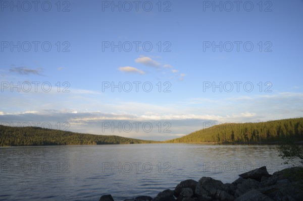 Extensive view of peaceful Lake Gutulsjön under clear evening sky, Gutulia National Park, Engerdal, Innlandet, Norway