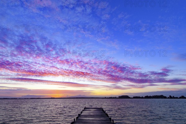 A footbridge leads into Lake Dümmer, above it a colorful sky at sunset, Dümmer nature park Park, Lembruch, Lower Saxony, Eutschland