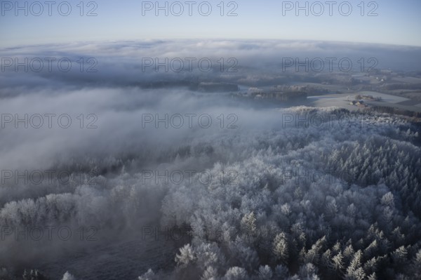 View over the Teutoburg Forest in winter near hoarfrost, Holland, Borgholzhausen, North Rhine-Westphalia, Germany